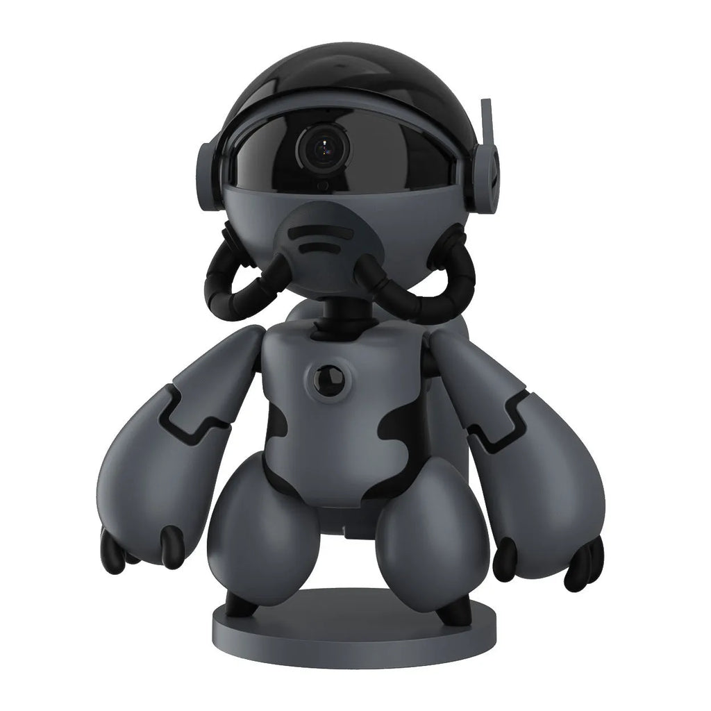 White or black Space Robot home security camera on a detachable base with anti-slip pads.