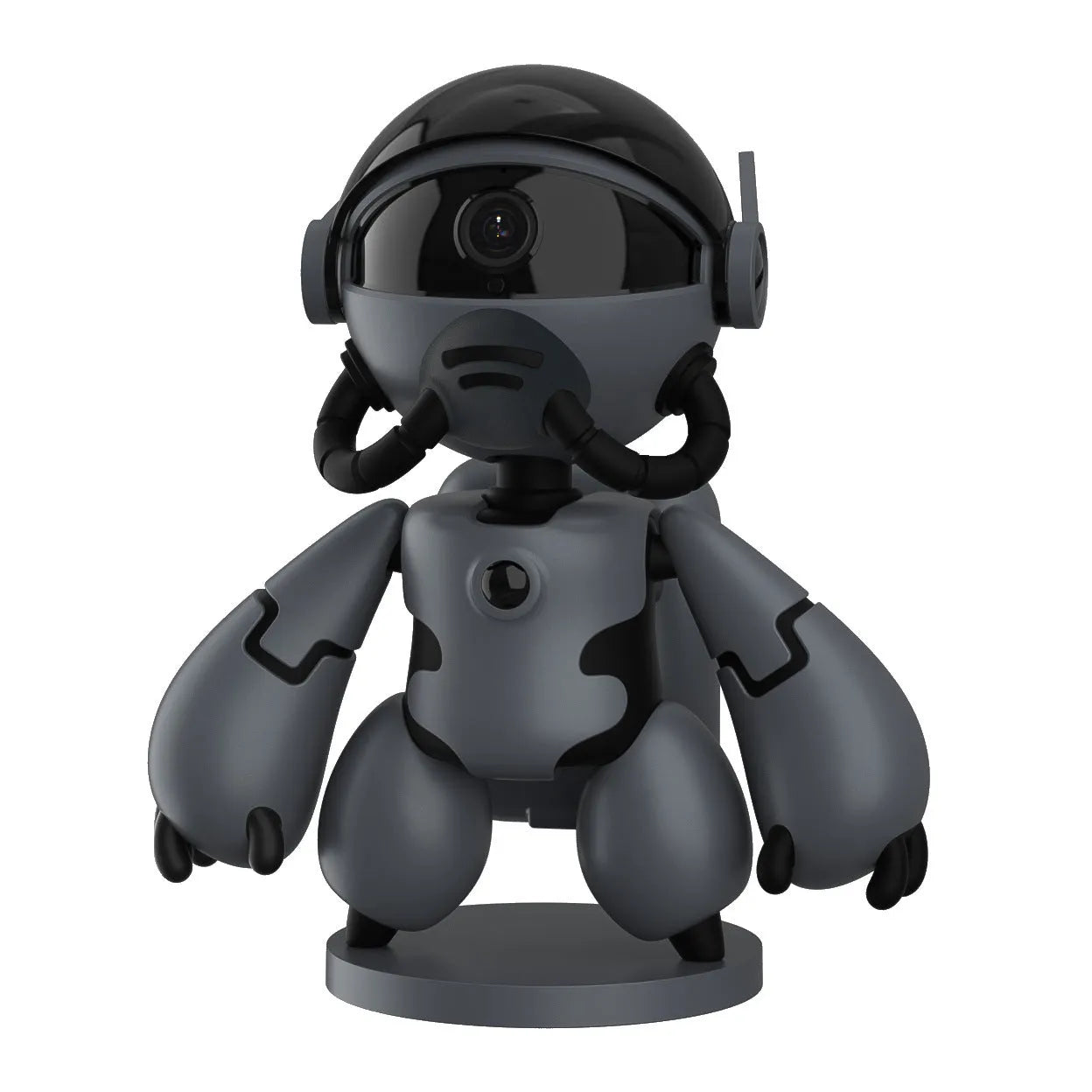 White or black Space Robot home security camera on a detachable base with anti-slip pads.