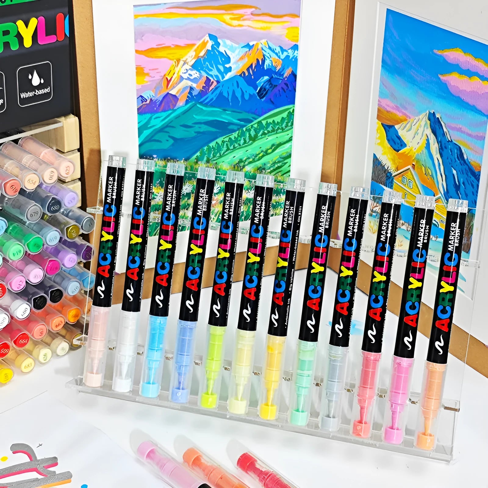 Set of straight liquid acrylic marker pens with soft heads for painting and graffiti art
