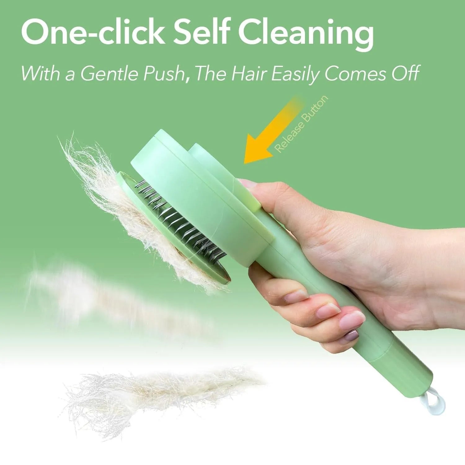 Green and yellow 2-in-1 pet grooming brush with stainless steel bristles for cats and dogs
