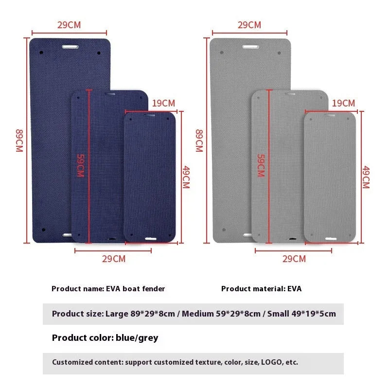 Blue EVA boat fender with thickened sides for shock absorption on a dock.