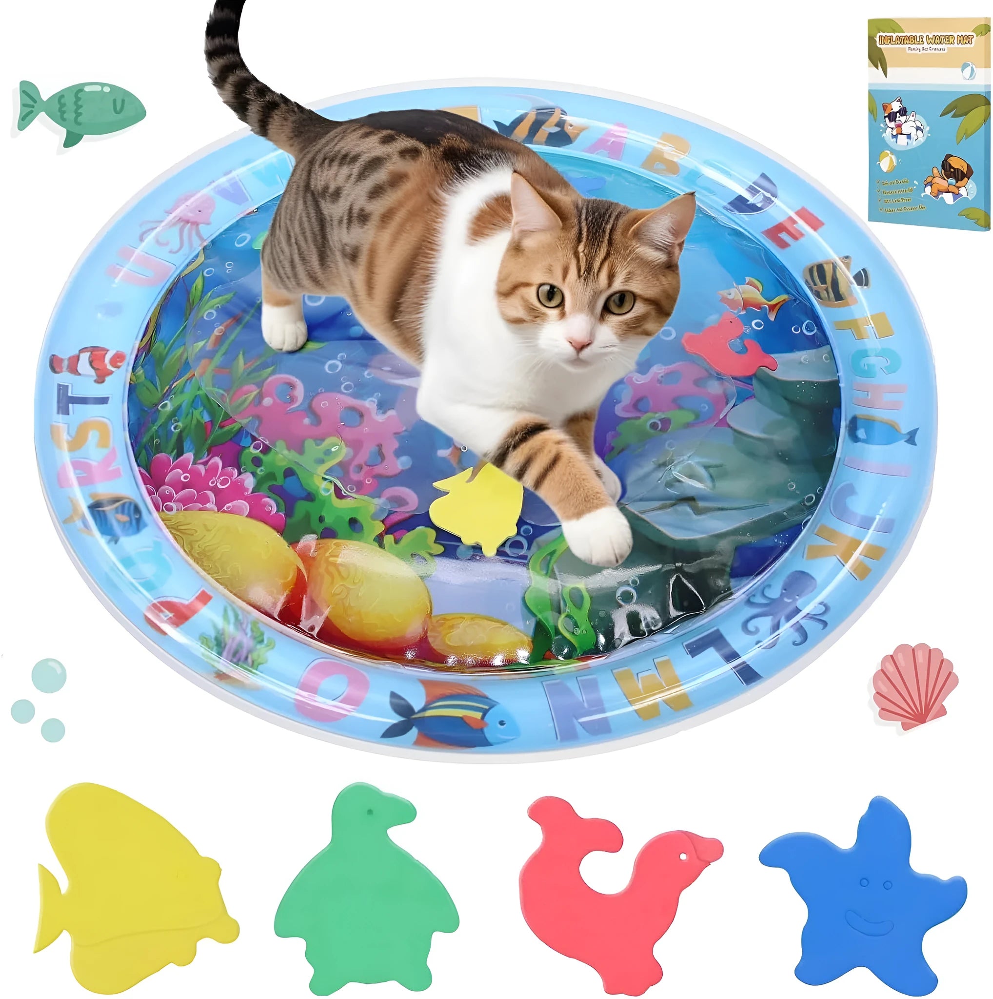 Thickened PVC cat water sensory play mat with floating fish toys, measuring 100cm square