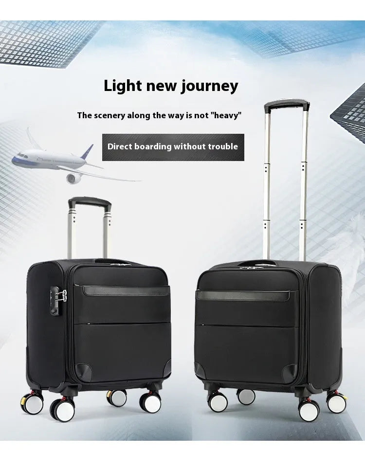 Black 18-inch Oxford cloth carry-on suitcase with a retractable handle and universal wheels.