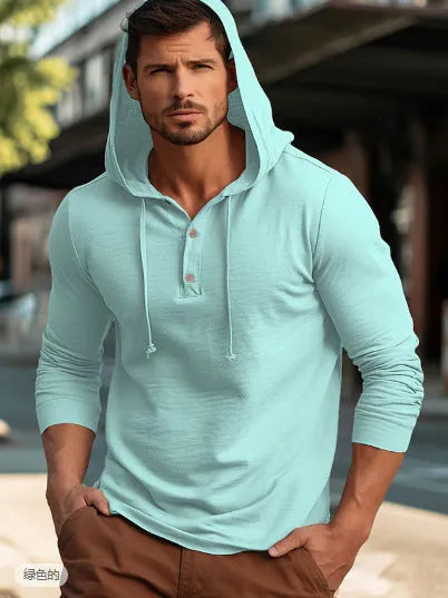 Men's dark blue cotton hoodie pullover with long sleeves on a hanger