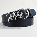 Casual silver buckle belt made from black PU leather with a snap button fastening