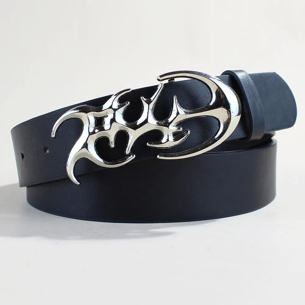 Casual silver buckle belt made from black PU leather with a snap button fastening
