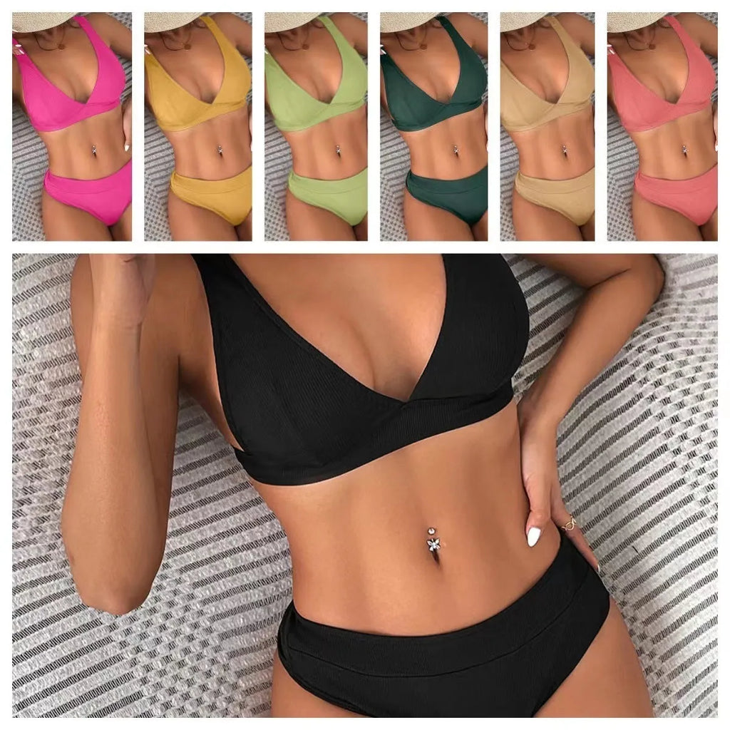 Women's black bikini with lace-up split detail and polyester lining