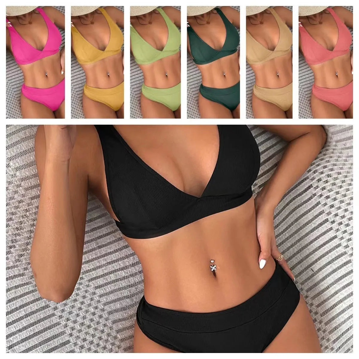 Women's black bikini with lace-up split detail and polyester lining