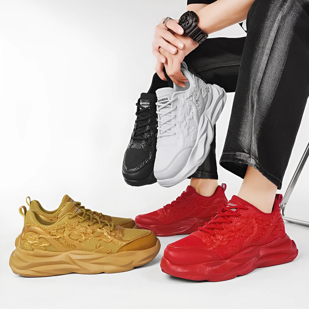 Men's casual fly knit sneakers in dragon colours with a rubber sole.