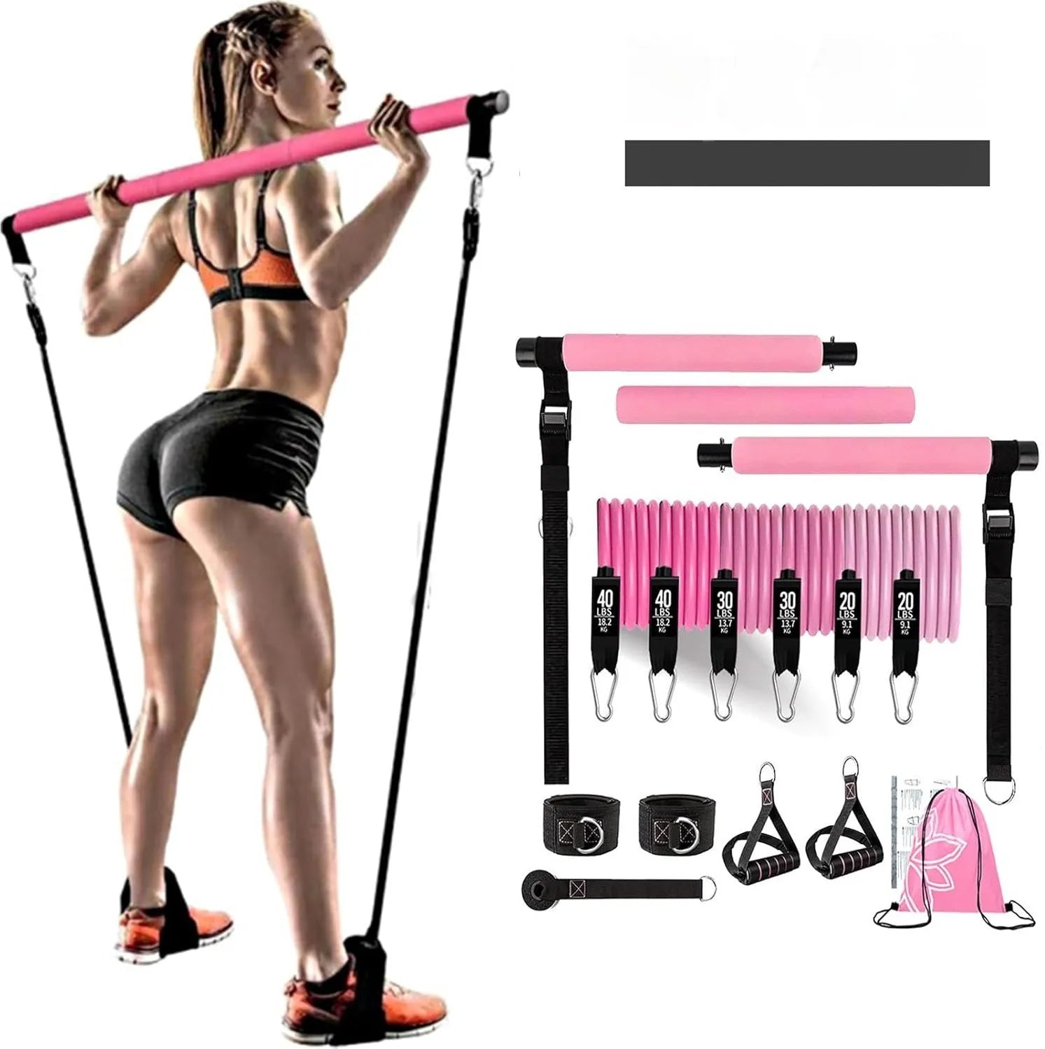 180 pounds yoga gymnastic bar resistance band set with TPE pull rope in pink or black