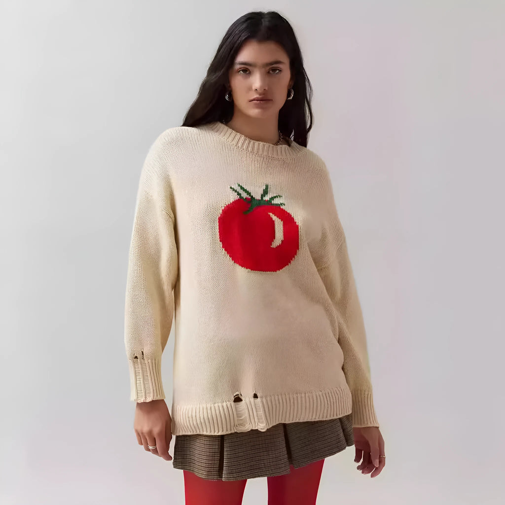 Women's beige round neck pullover sweater with jacquard pattern and long sleeves