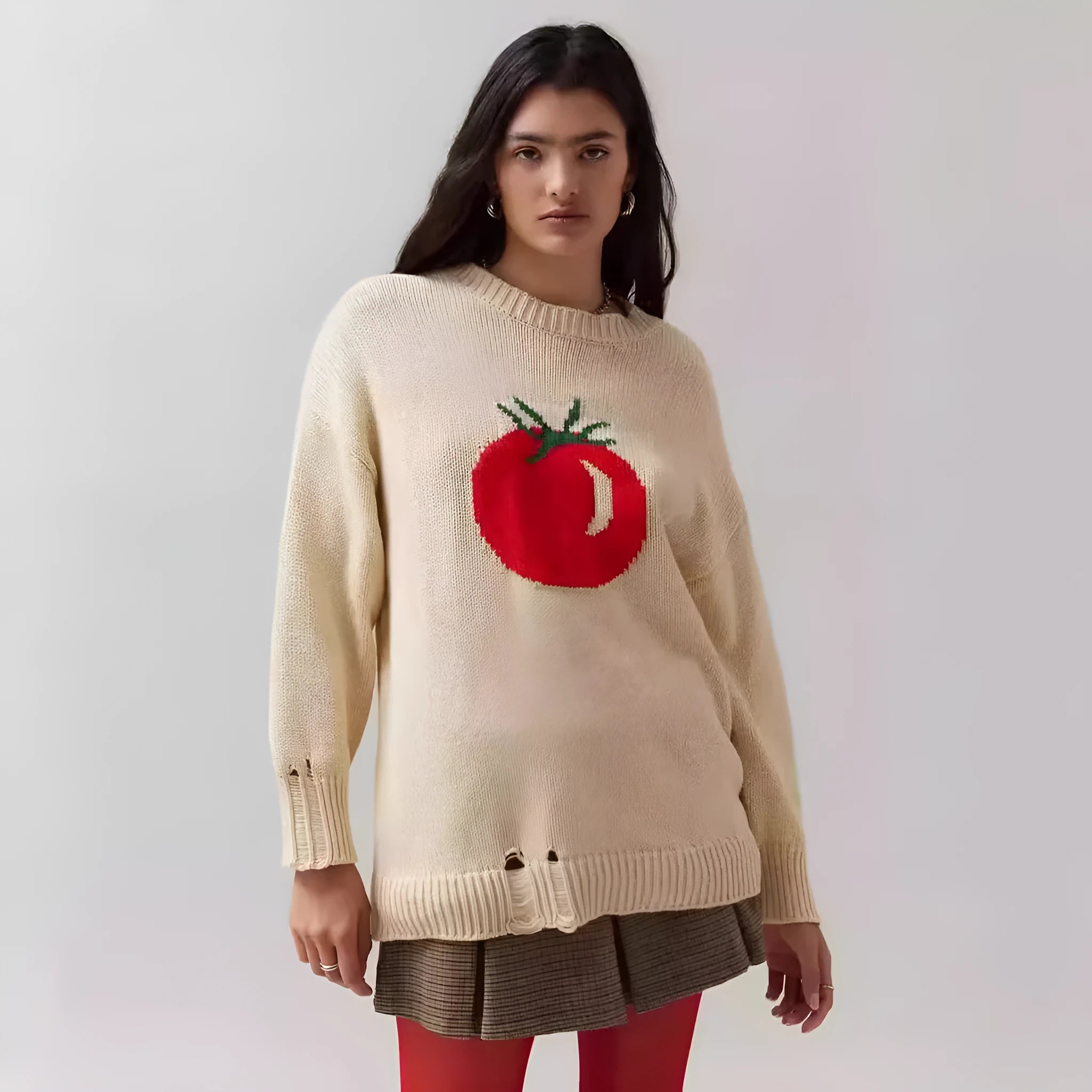 Women's beige round neck pullover sweater with jacquard pattern and long sleeves