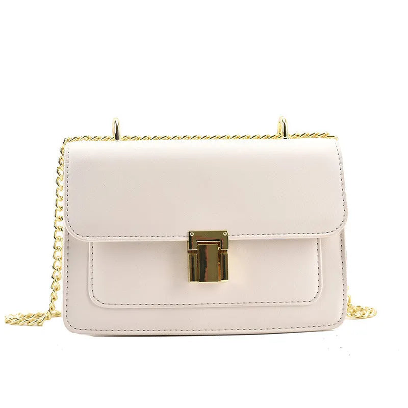 New fashion all-match summer chain messenger bag PU solid colour cross square shoulder bag with lock chain handle available in black green white yellow