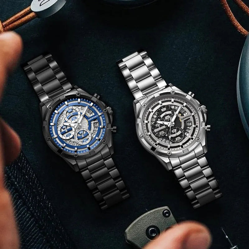 Men's waterproof luminous quartz watch with steel belt in three colour options