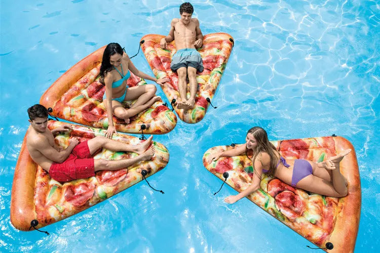 Large inflatable pizza slice float measuring 175cm x 145cm made of PVC for pool use