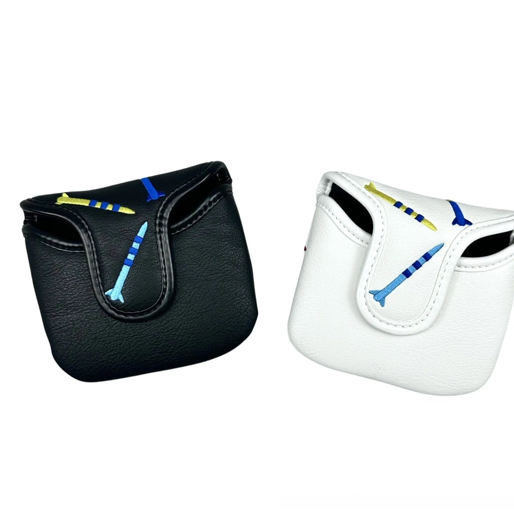 Black and white golf putter protective sleeve with a rocket pattern design.