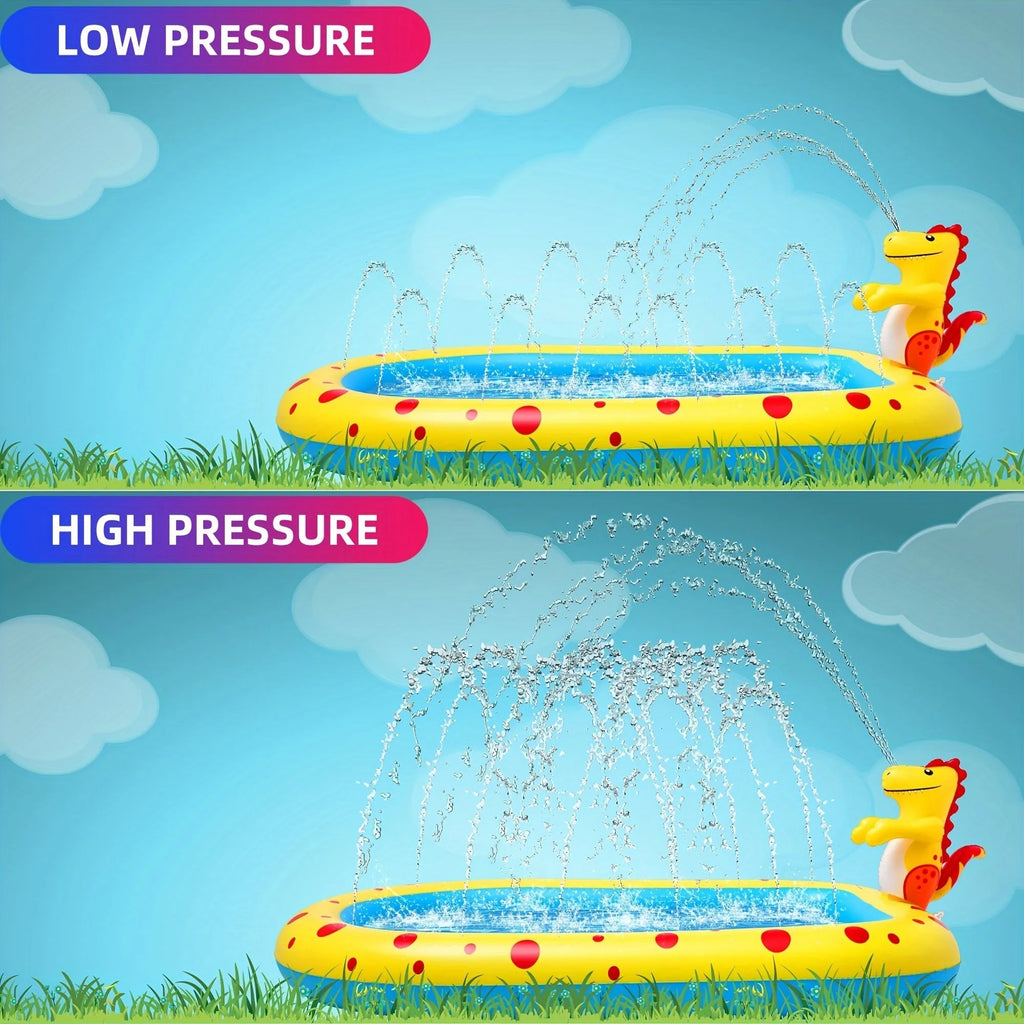 Blue dinosaur water spray pool for kids outdoor play measuring 170cm