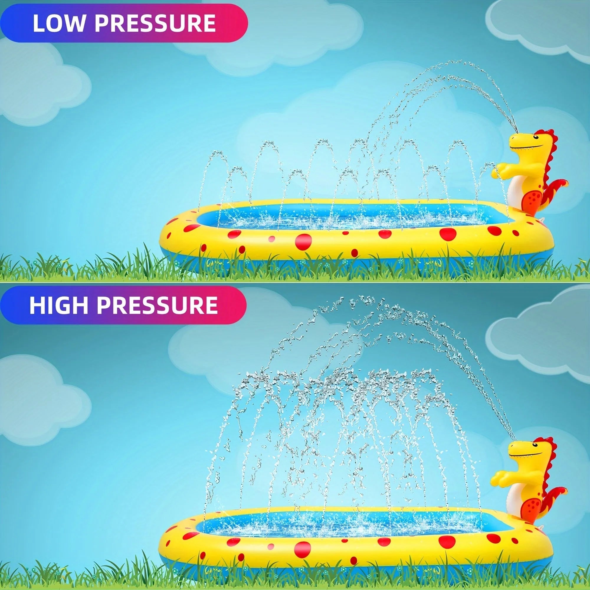 Blue dinosaur water spray pool for kids outdoor play measuring 170cm