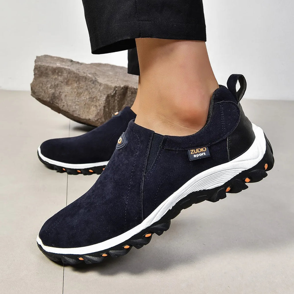 Men's round toe thin shoes in grey, made from PU with a rubber sole, shown on a white background.