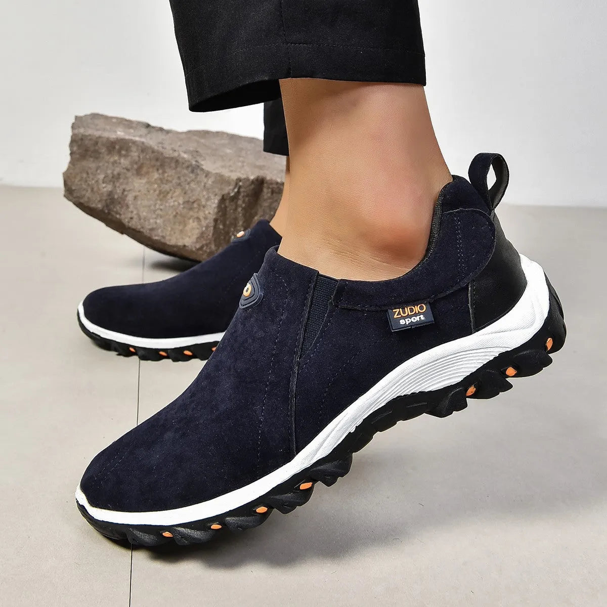 Men's round toe thin shoes in grey, made from PU with a rubber sole, shown on a white background.