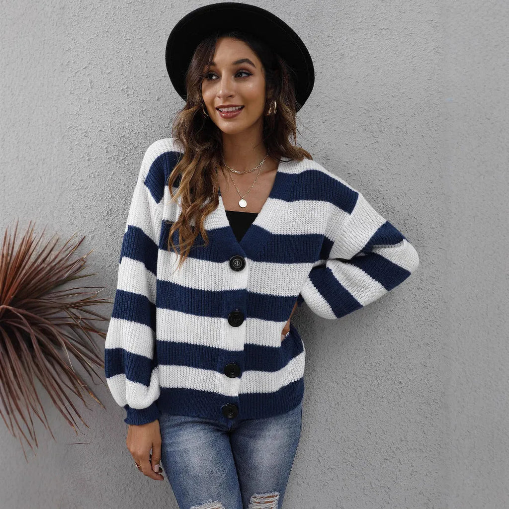 Women's striped deer plush cardigan with button front in dark green colour