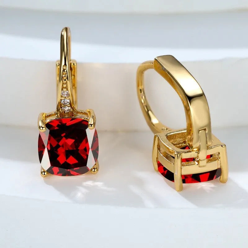 Square zircon inlaid geometric ear hook earrings in a golden white finish, showing Korean style design.