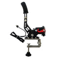 USB sequential handbrake controller for sim racing in black, blue, purple, red, or yellow with mounting clamp.