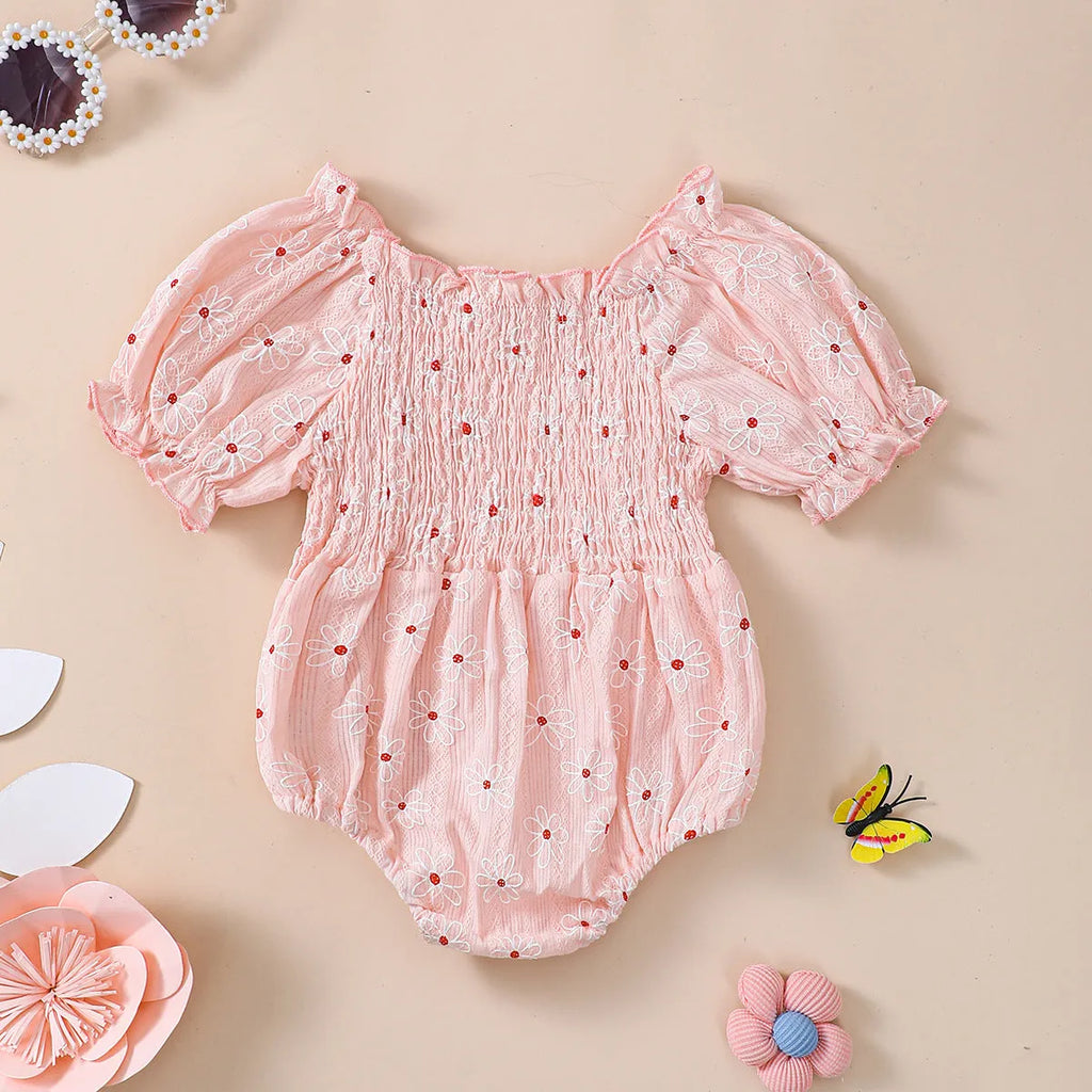 Little Sun Print Puff Sleeve Romper for baby girls in cotton suspender style, available in pink, green, light purple, sizes 70-100cm