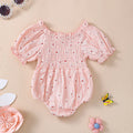 Little Sun Print Puff Sleeve Romper for baby girls in cotton suspender style, available in pink, green, light purple, sizes 70-100cm