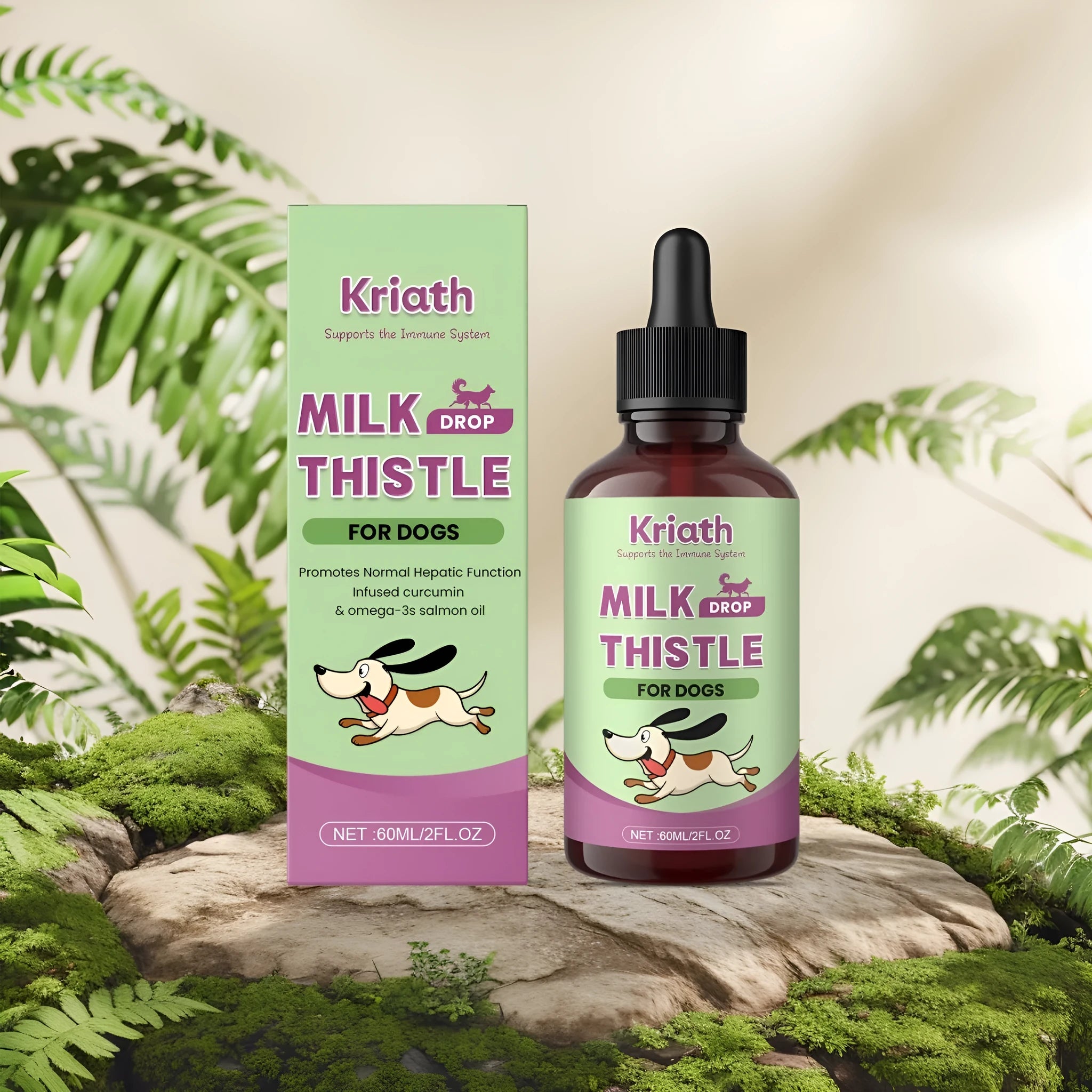 60 ml bottle of liquid dog supplement with milk thistle, omega-3, and turmeric extract