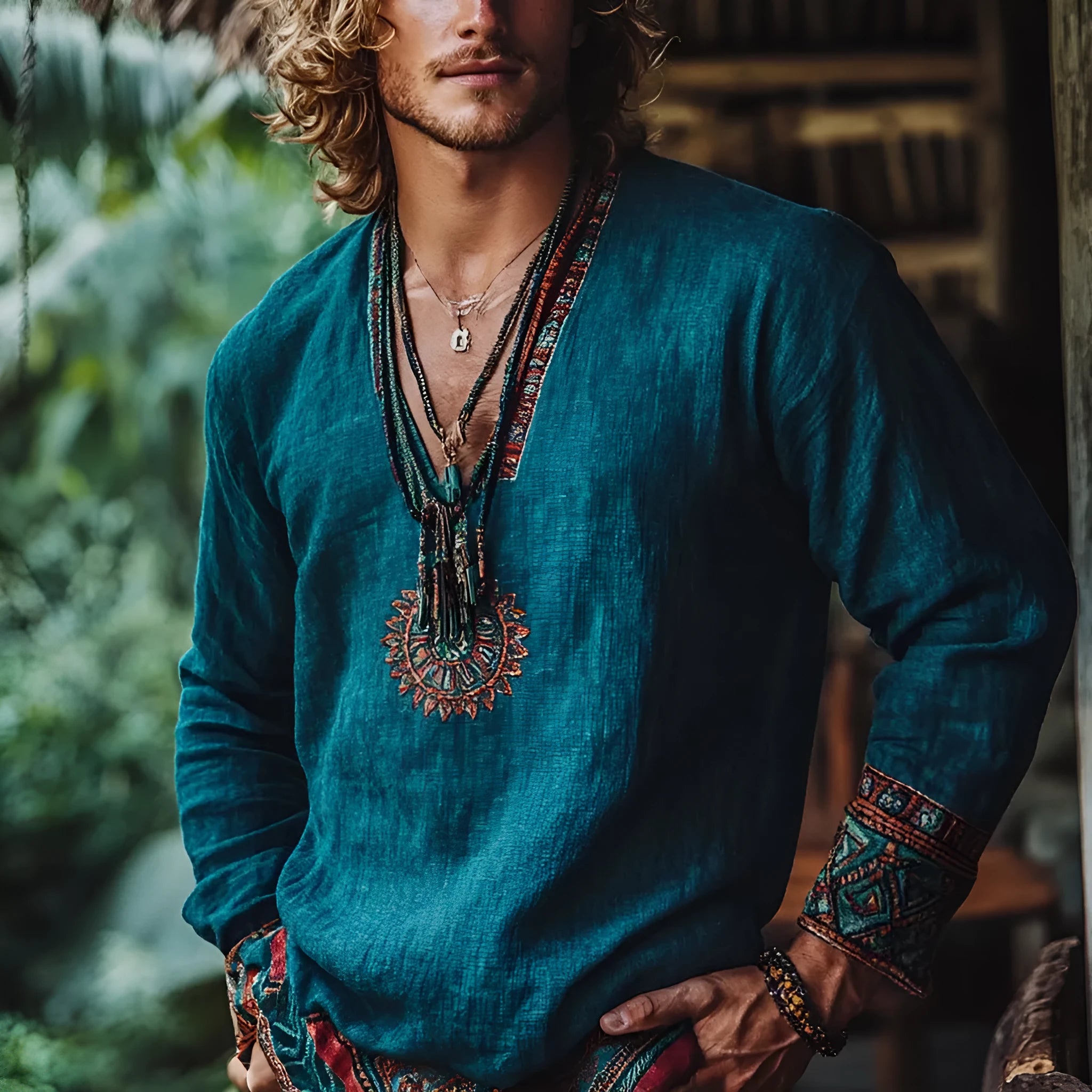 Boho holiday style vintage printed casual long sleeve polyester pullover top in picture colour