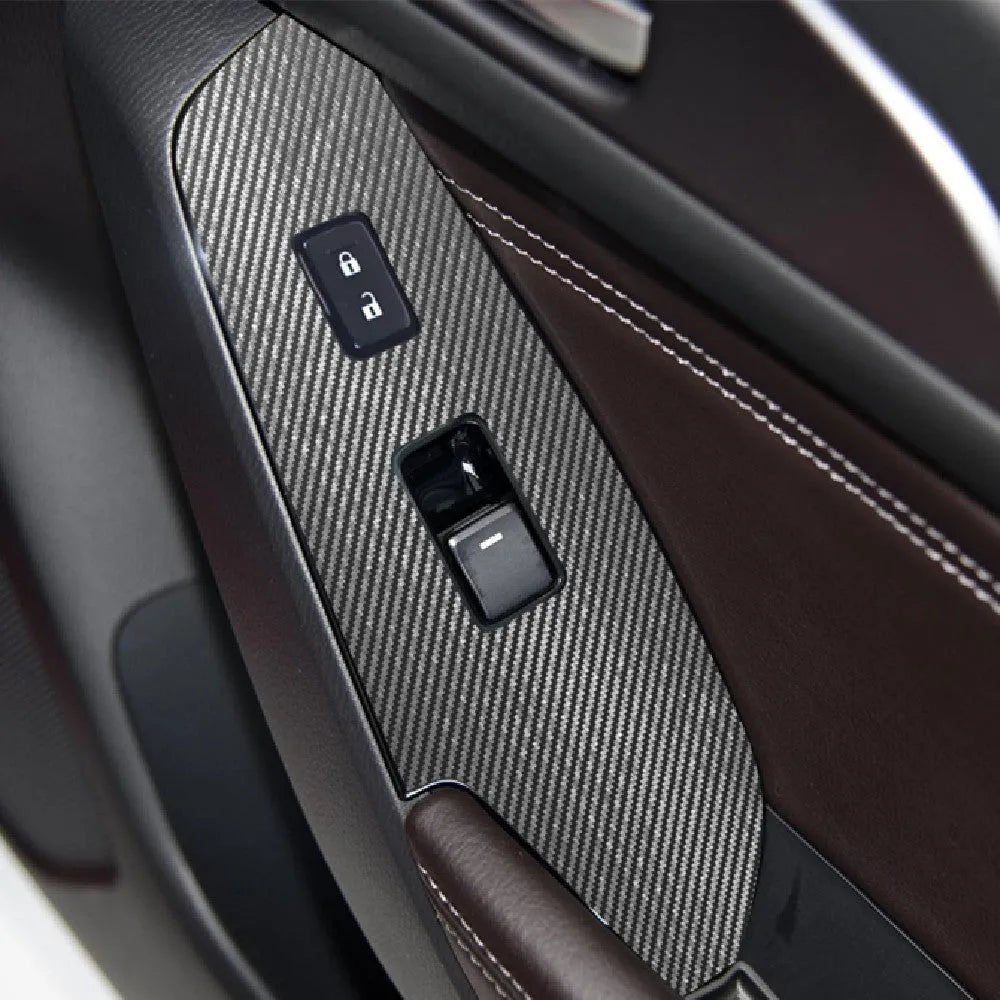 Four TPU protective films for 14-19 car door control panels in transparent, matte black, and carbon fibre finishes.