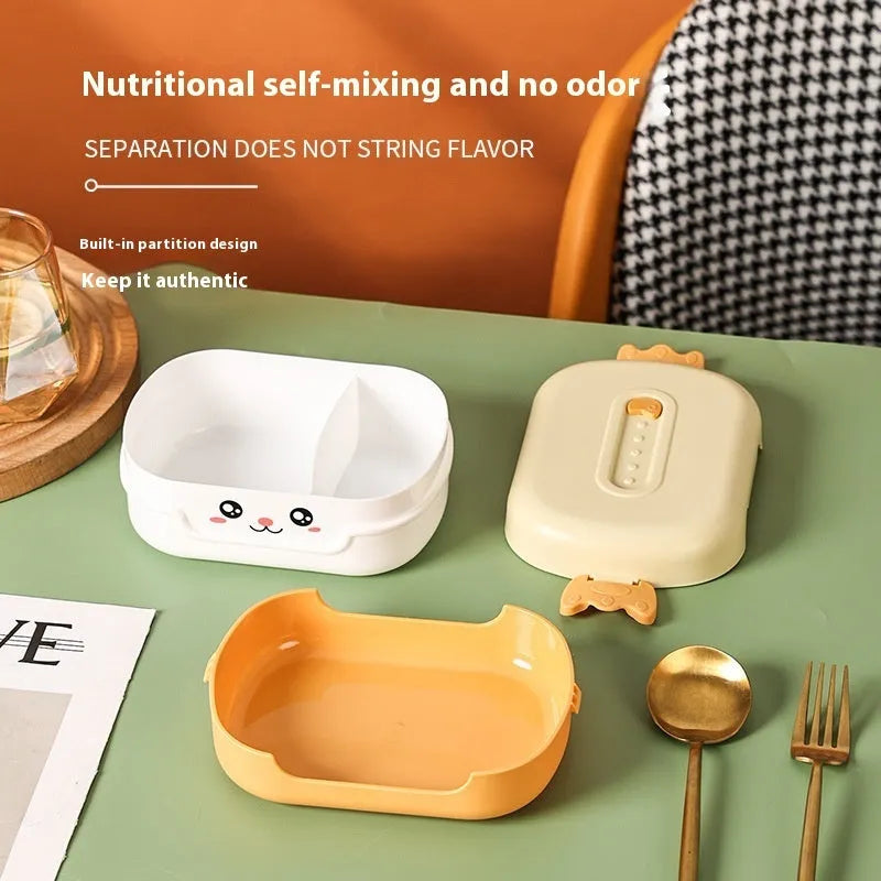 Square plastic divided lunch box with microwave-safe construction in dark blue, orange yellow or pink and green colours