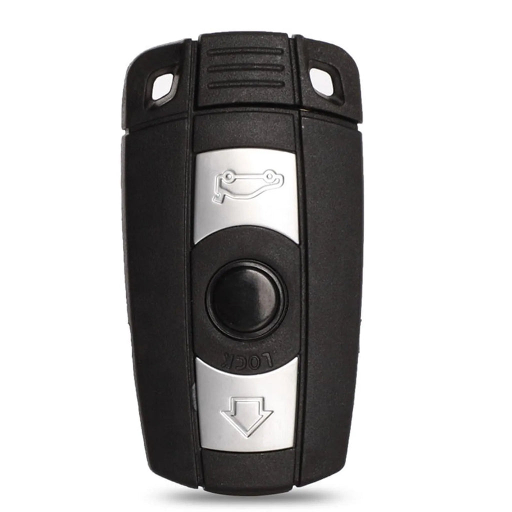 BMW semi-intelligent three-button remote car key fob in metal and plastic.