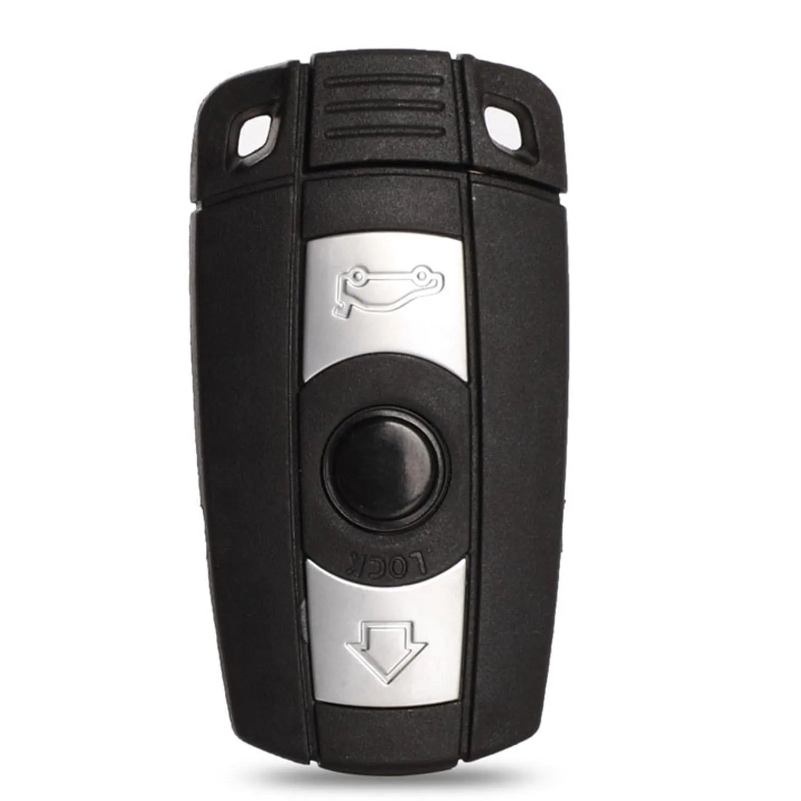 BMW semi-intelligent three-button remote car key fob in metal and plastic.