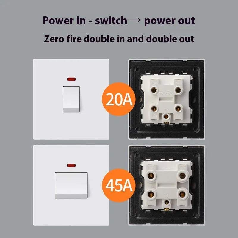 25A or 45A three-pole electrical switch with illuminated panel in gold, grey or white