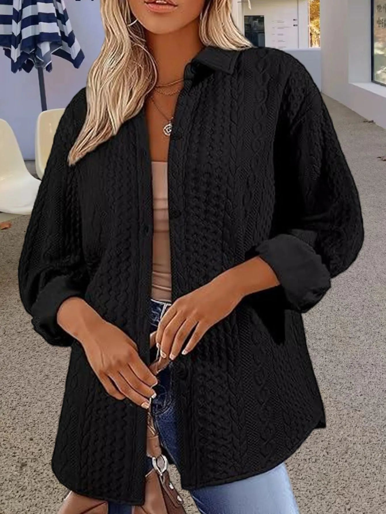 Women's solid colour polyester cardigan sweater with long sleeves and contrast detailing