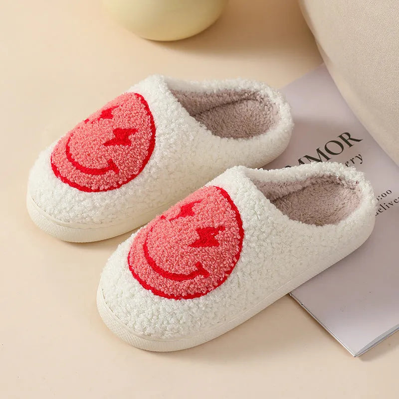 Women's plush home slippers with cartoon love print and non-slip PVC sole