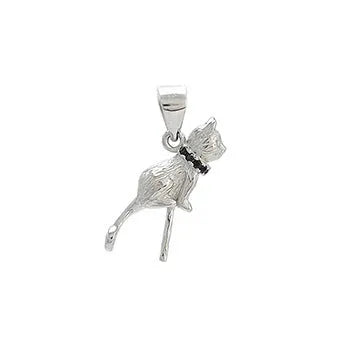 Close-up of a sterling silver cat pendant necklace on a clavicle-length chain, showing the electroplated finish.