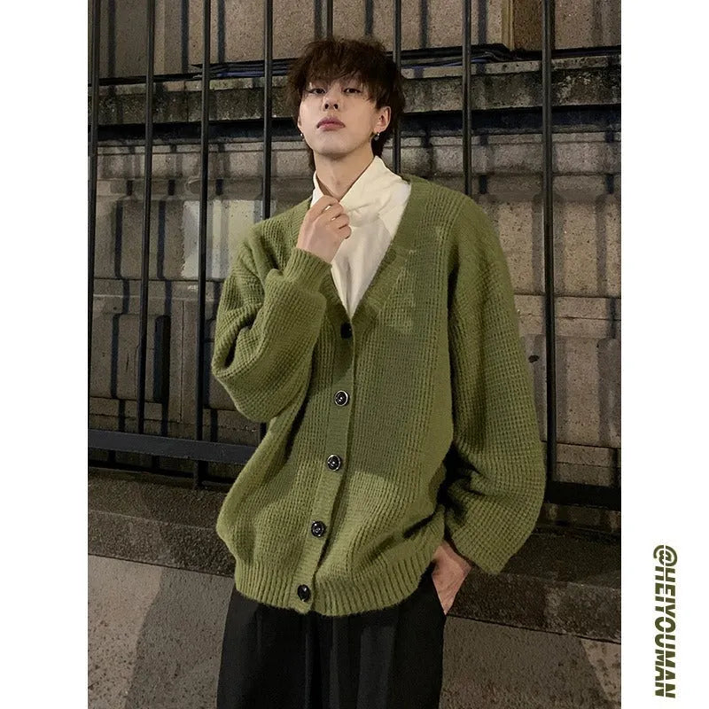 Men's loose V-neck cardigan sweater in army green, cotton blend fabric.