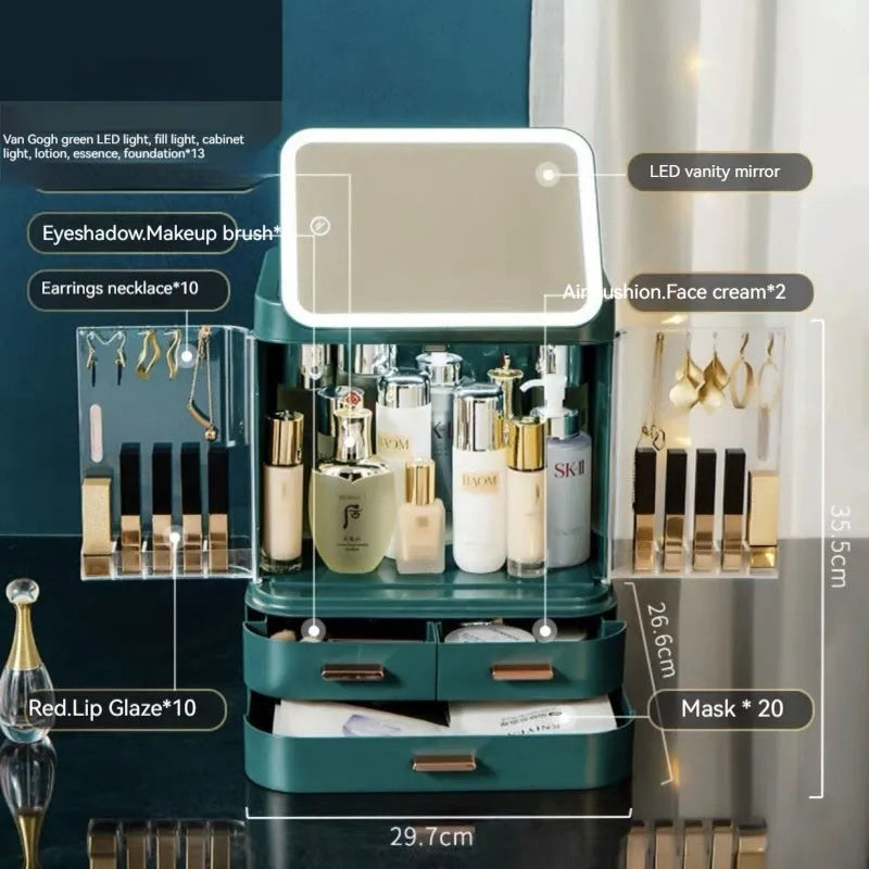 Mirror integrated light desktop large capacity cosmetics storage box in ivory white with lipsticks and skincare products inside