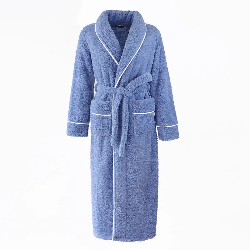 A super thick flannel winter bathrobe for couples shown in navy blue, available in extended sizes M, XL, and XXXL.