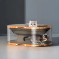 White transparent PVC cat tunnel with attached corrugated cardboard scratch board.