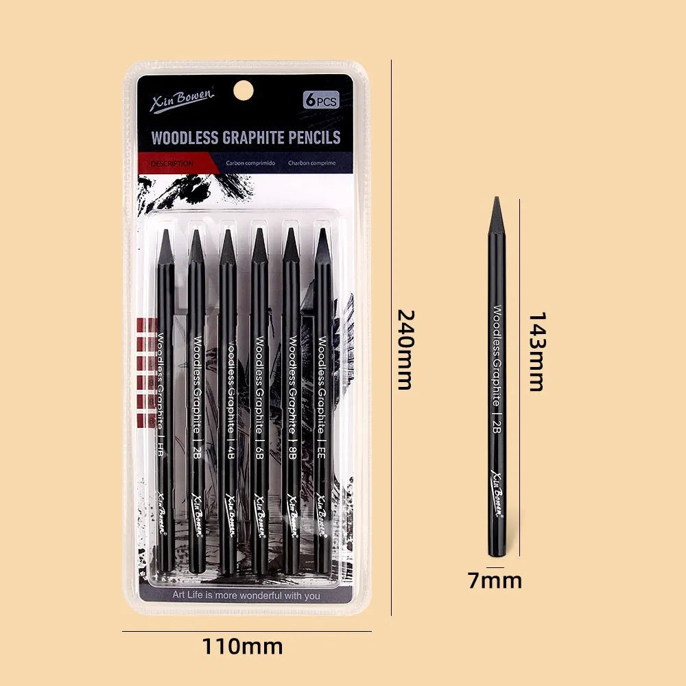 Set of six wood-free graphite sketching pencils with HB, 2B, 4B, 6B, 8B, and EE hardness grades