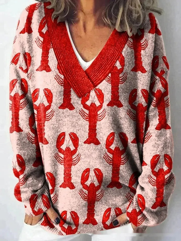 Women's V-neck long sleeve sweatshirt with a detailed 3D floral print pattern.