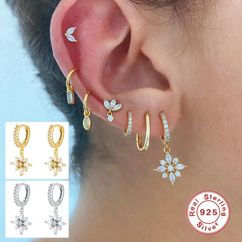 S925 sterling silver snowflake pendant earrings with geometric design and gemstone detailing
