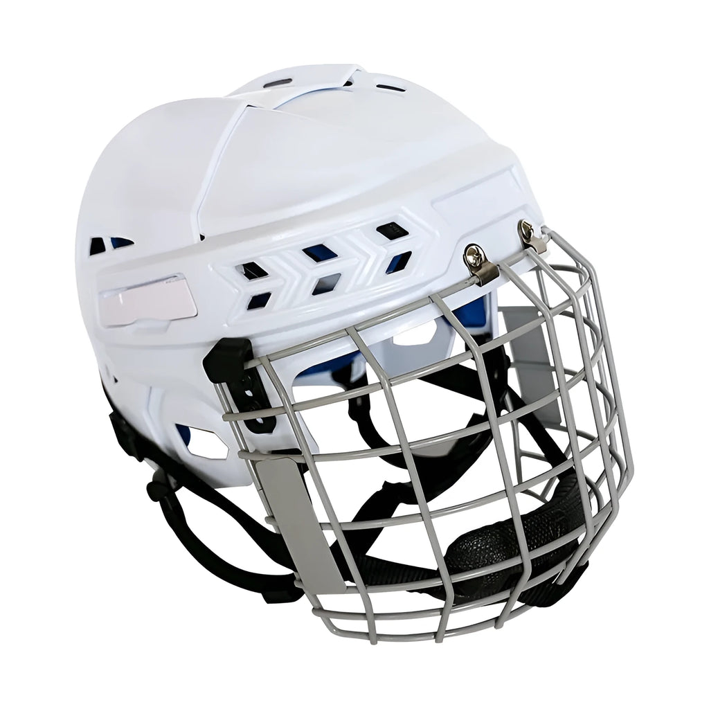 Ice hockey helmet with carbon steel face mask showing impact-resistant PP shell construction