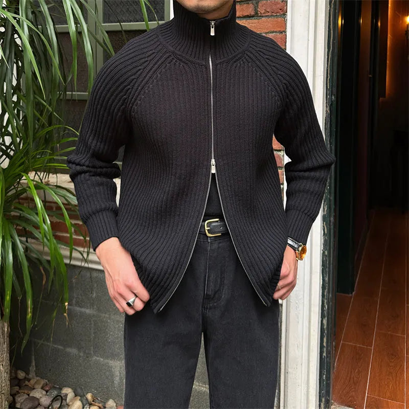Men's stand-up collar cardigan retro slim fit cotton blend in grey, side view