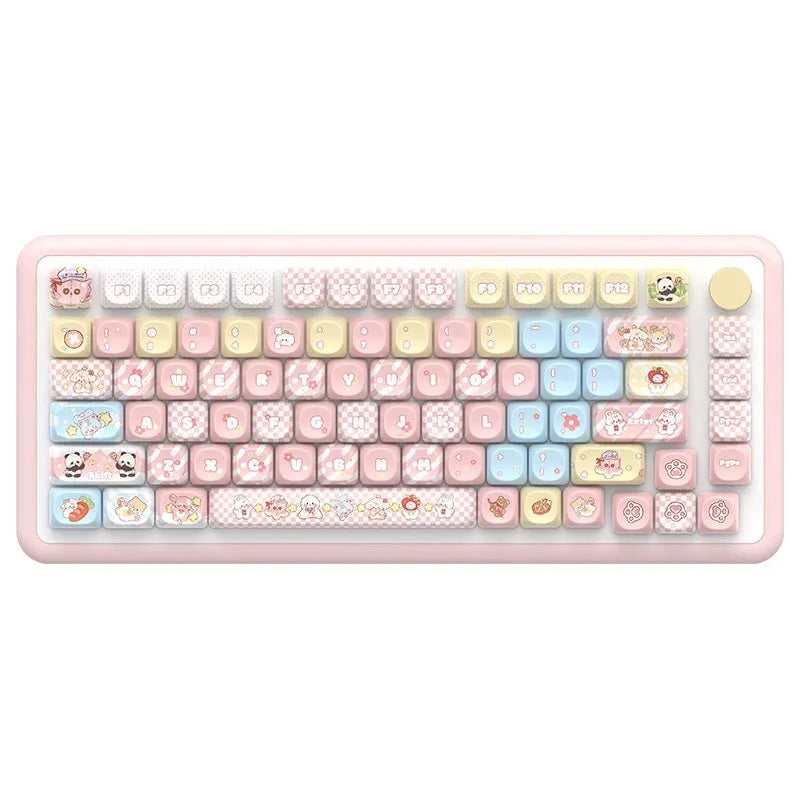 Full set of Doll character themed mechanical keyboard keycaps with sublimation printing laid out.