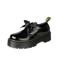 Women's thick-soled leather shoes in black with ribbon and cross strap details on superfine fibre upper